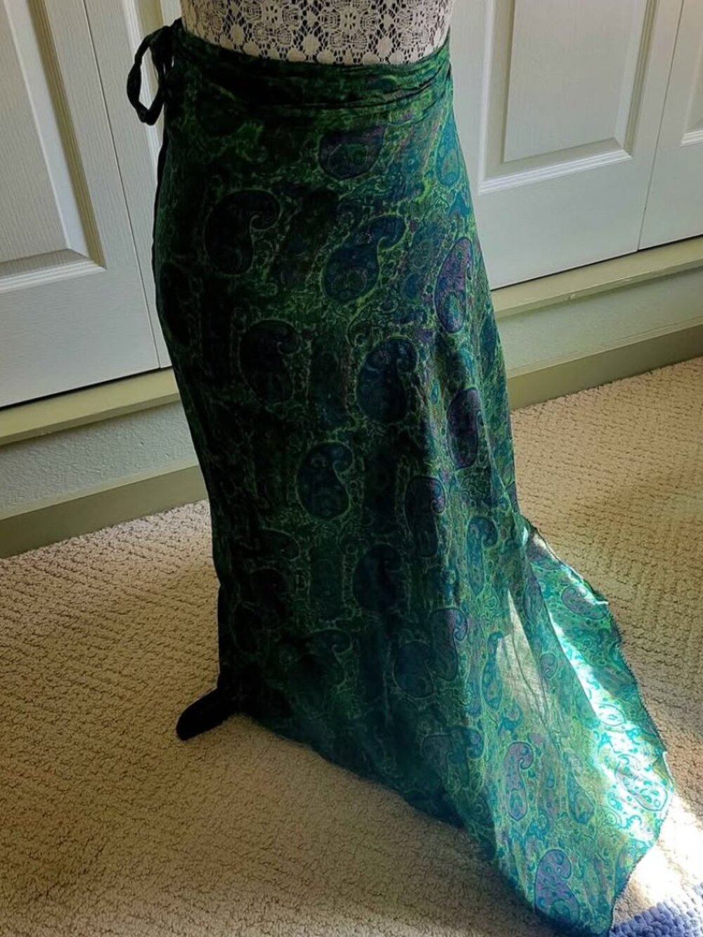 Long, Silky Paisley Wrap-Around Skirt In Shades Of Green And Teal Paisley Print